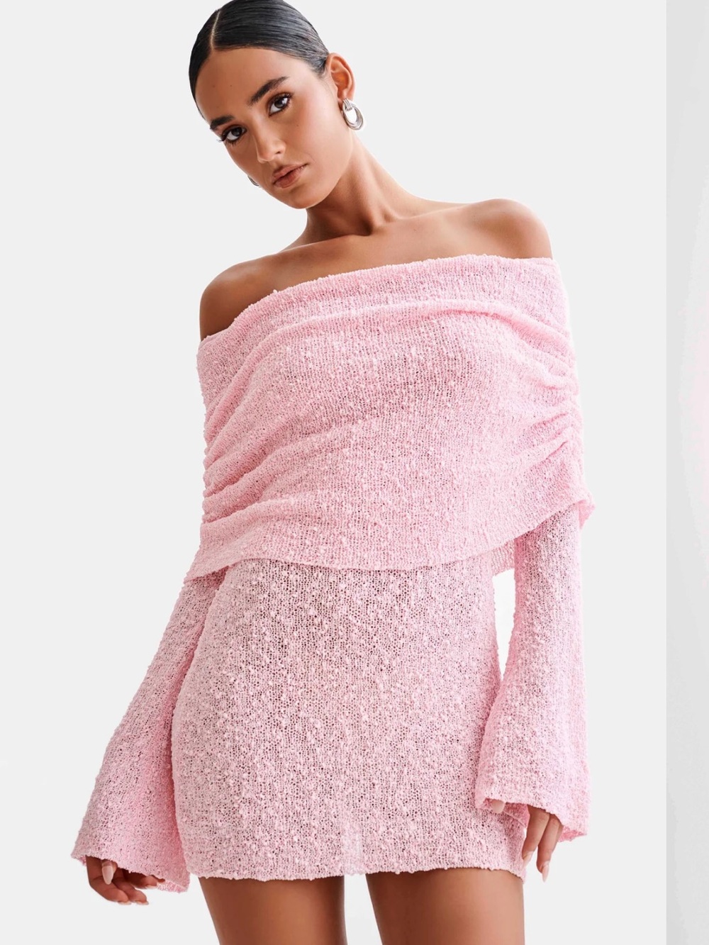 Marisol Off Shoulder Boucle Mini Dress - Baby Pink